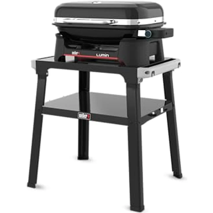 Weber Lumin Elektrogrill, mit Stand, bis zu 315 °C, Deckelthermometer, Porzellanemaillierte Gusseisenroste, 33 x 49 cm Grillfläche, Schwarz – Bild 1