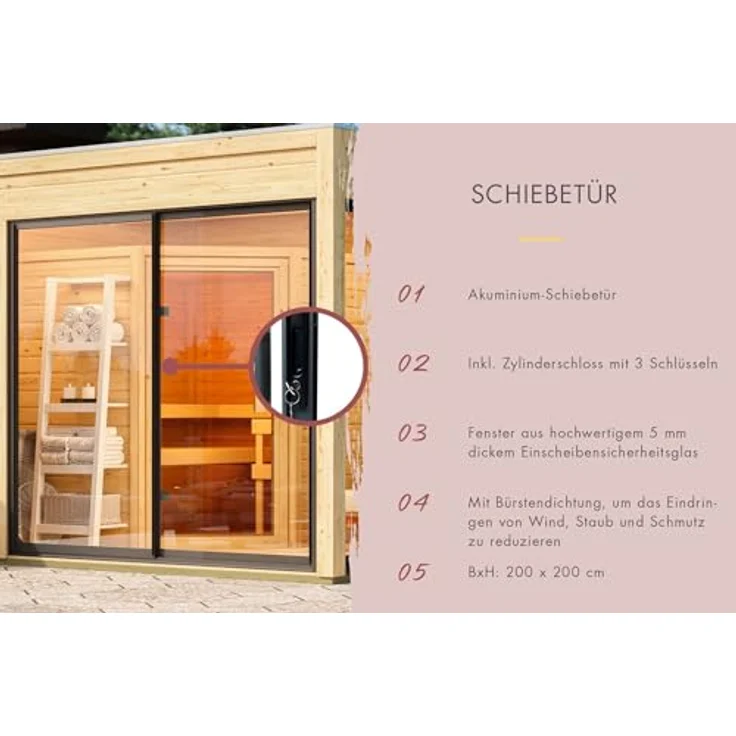 Karibu Saunahaus Ambra, Außensauna mit integriertem 9kW Saunaofen, pulverbeschichteter Aluminium-Schiebetür, verfügbar in natur oder schwarz – Bild 5