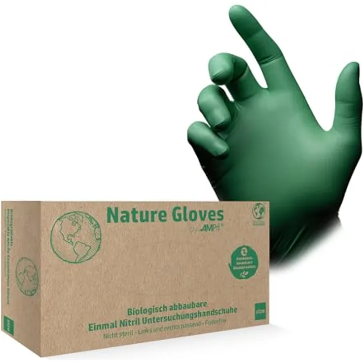 AMPri Nature Gloves by Med-Comfort: Biologisch abbaubare Nitril Einmalhandschuhe, grün, 100 Stück/Box, Größe XS, puderfrei