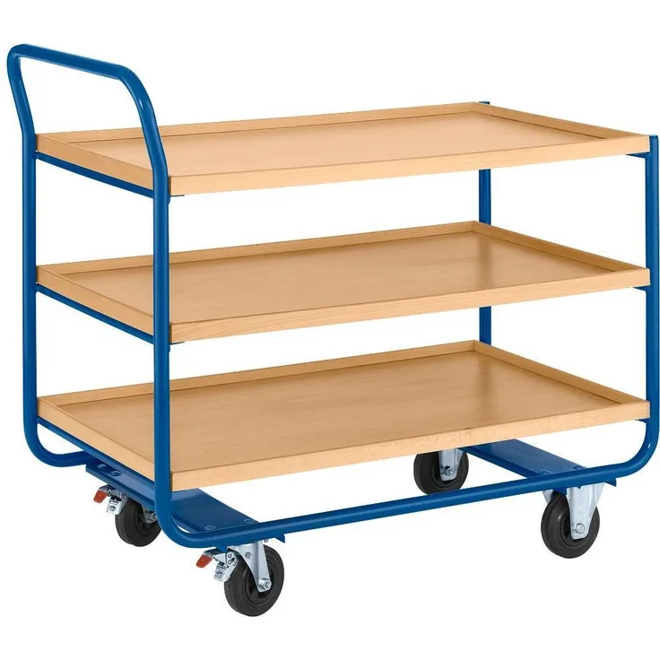 Rollcart Transportwagen mit Holzrand, 2 o. 3 Etagen, Ladefläche L 1000 x B 575 mm oder L 775 x B 475 mm, Tragkraft 150 kg, Blau (RAL 5010)