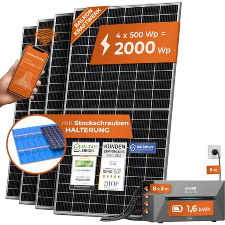 Solarway® All In One Balkonkraftwerk mit Speicher 2000W, 1,6 kWh Anker Solix 2 PRO Speicher, 500W Solarmodule, Steckdose & Zubehör – Bild 1