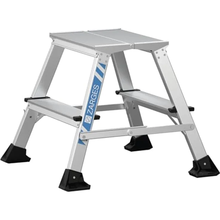 Zarges XLstep P Trittleiter Arbeitspodest, 2x2 Stufen, Aluminium, beidseitig begehbar, Tragkraft 150 kg, Plattformhöhe 0,49 m
