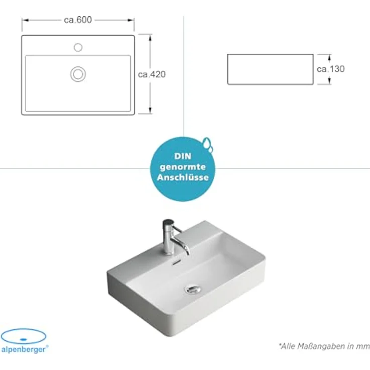 Alpenberger Waschbecken 60 cm Breit - Aufsatzwaschbecken Eckig mit Nano - Weiß, pflegeleicht durch Lotus Effekt, mit Überlauf und Hahnloch – Bild 3