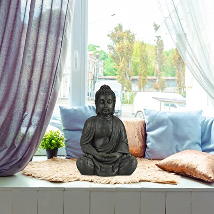 Buddha Figur sitzend, XL 70 cm, Gartenfigur, Dekofigur Wohnzimmer, wetterfest & frostsicher, dunkelgrau – Bild 3