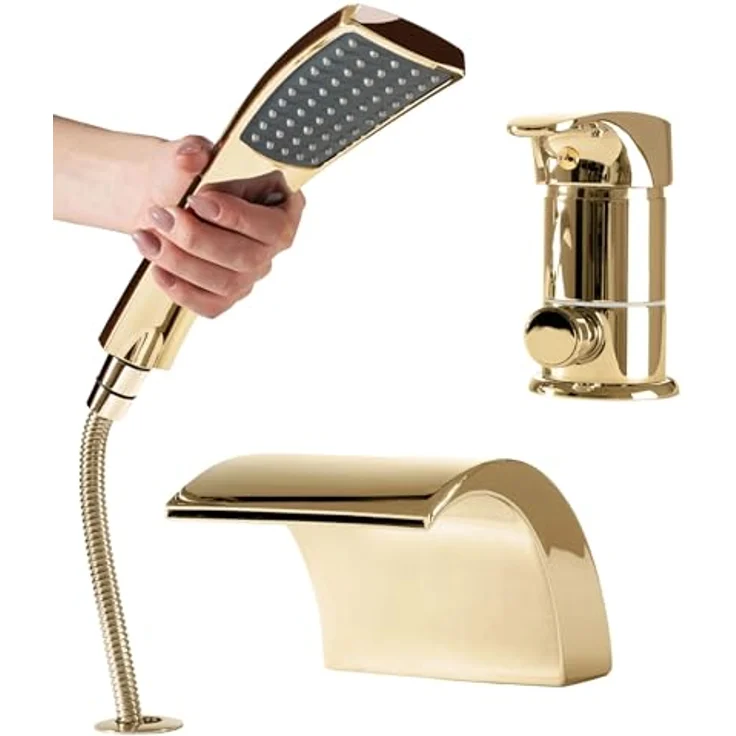 Rea Badewannenarmatur RIVEN GOLD, Einhebel Wannenarmatur mit Handbrause, Messing, goldfarben, Höhe 240 mm – Bild 2