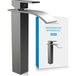 Bächlein Badarmatur Tamina hoch in Wasserfall-Design, extra hoher Einhebelmischer mit Montage-Set für Aufsatzwaschbecken, Bad Wasserhahn Edelstahl gebürstet