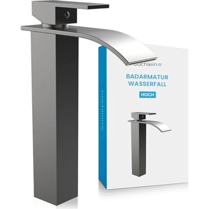 Bächlein Badarmatur Tamina hoch in Wasserfall-Design, extra hoher Einhebelmischer mit Montage-Set für Aufsatzwaschbecken, Bad Wasserhahn Edelstahl gebürstet – Bild 1