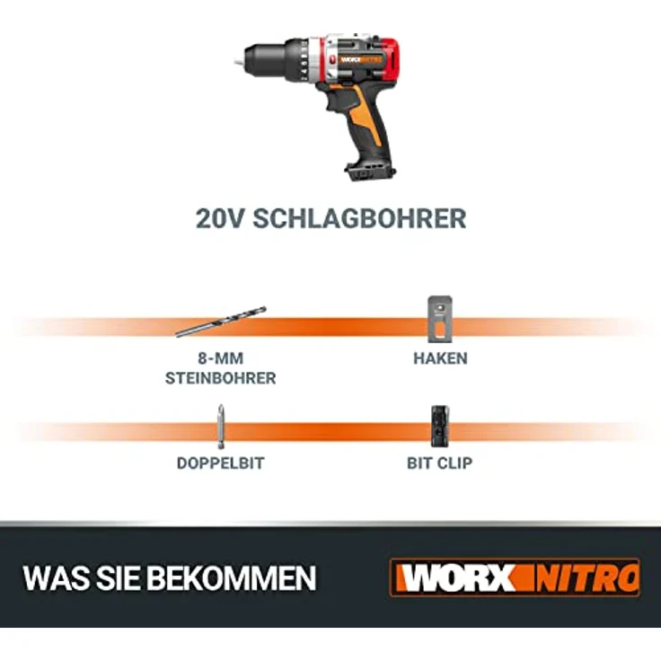 WORX WX354.9 Schlagbohrhammer 20V Max SlammerDrill ohne Akku und Ladegerät, 20 V, Schwarz – Bild 9