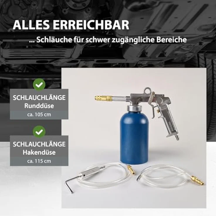 TRUTZHOLM Druckbecherpistole zur Hohlraumversiegelung, 1100 ml Tank, inkl. Runddüse, Hakendüse und Schläuche, blau – Bild 6