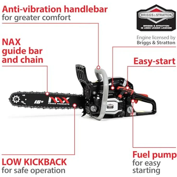NAX POWER PRODUCTS 300C Motor 45 cm3 1,6kW Führungsschiene 16'' 40cm Anti-Rückschlag-System Low Kickback Briggs & Stratton Lizenzware Benzin-Säge Kettensäge, Schwarz – Bild 4