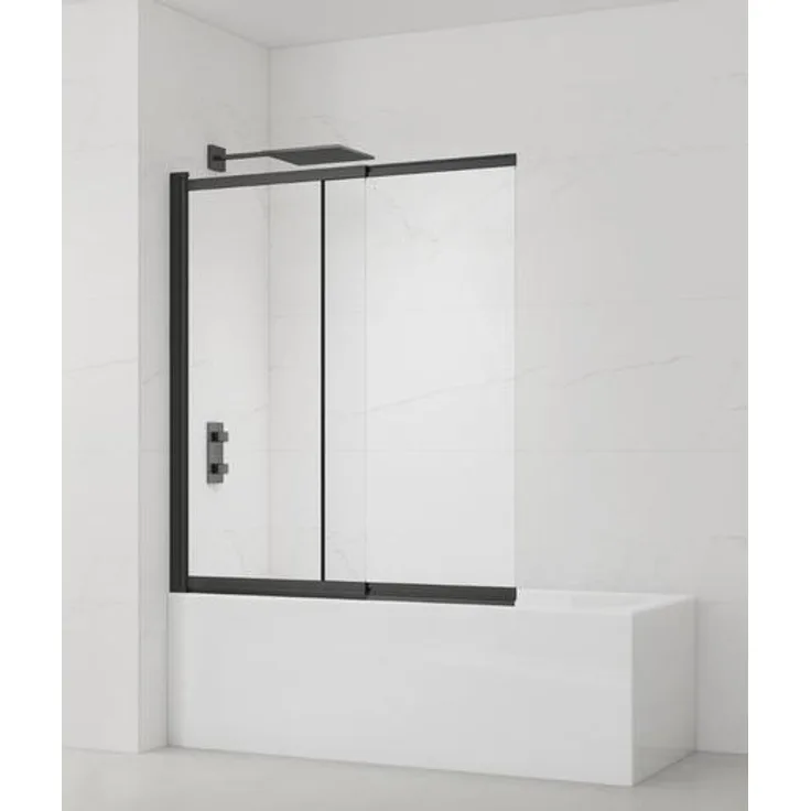 SAT Badewannenabtrennung 2-teilig, Schiebesystem 140 x 120 cm, Sicherheitsglas mit Easy Clean, schwarz matt