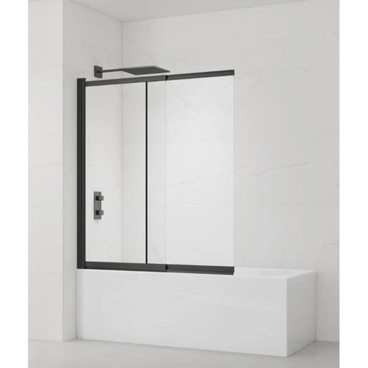 SAT Badewannenabtrennung 2-teilig, Schiebesystem 140 x 120 cm, Sicherheitsglas mit Easy Clean, schwarz matt