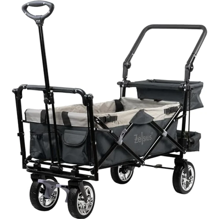 Zelsius Bollerwagen faltbar mit Dach, grau, Transportwagen mit Gurtsystem, 87,5 Liter Stauraum, 90 kg belastbar, abnehmbares Sonnendach – Bild 3
