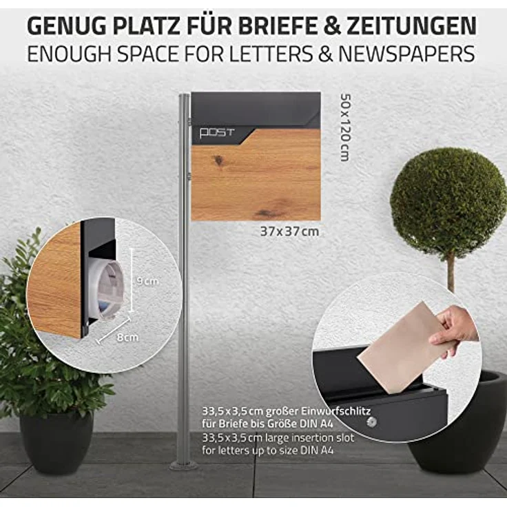 ECD Germany Standbriefkasten mit Zeitungsfach, Design Briefkasten mit Pfosten, Briefkastenanlage, Briefkastenständer Silber 120 cm Edelstahl, Postkasten Anthrazit-Holzoptik Edelstahl pulverbechichtet – Bild 4