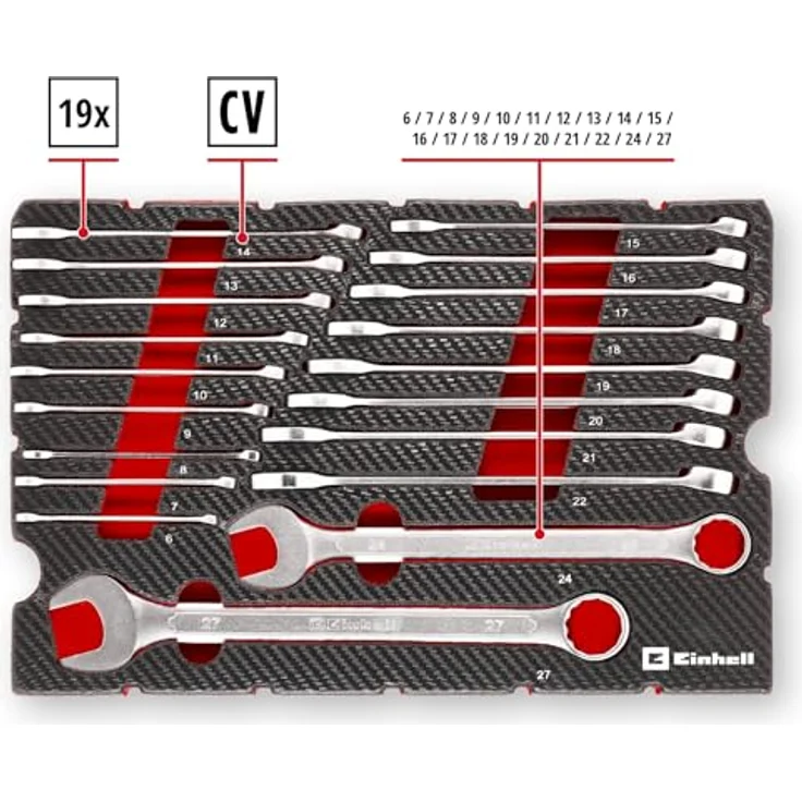 Einhell Werkzeugkoffer E-Case 370521, 19-teiliges Gabel-Ringschlüssel-Set aus Chrom-Vanadium-Stahl, Carbon-Optik – Bild 3