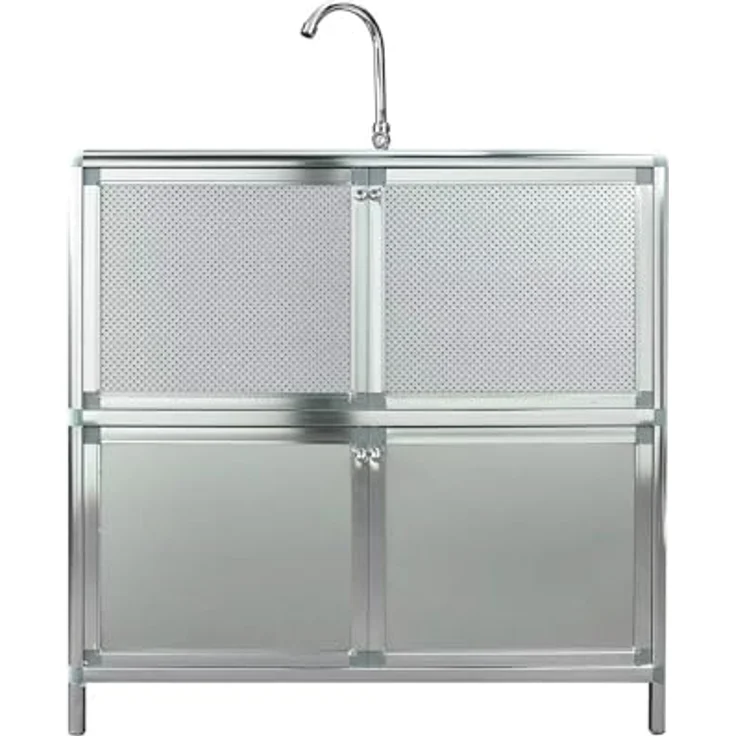 HTI-Living Outdoorspüle L Gerti, freistehender Spültisch aus Aluminium mit Edelstahlspüle und Armatur, perfekt für Restaurant und Camping, silber – Bild 3