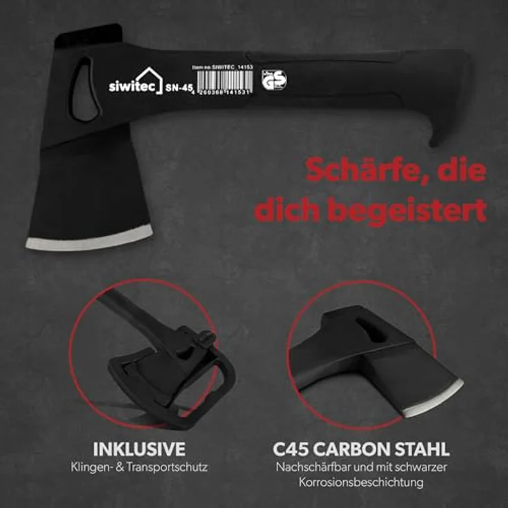 siwitec Camping Axt SN-45, Survival Axt mit 450 Gramm Kopfgewicht, Axt zum Holz spalten mit glasfaserverstärktem Kunststoff-Stiel und C45 Carbon Klinge, Beil – Bild 4
