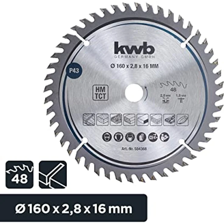 kwb 584368 Tischler-Kreissäge-Blatt, Holz--Hartholz, 160 x 16 mm Schnitte, hohe Zahl, 48 Zähne Z-48, Präzisions-Sägeblatt fein, 160 x 16 – Bild 2