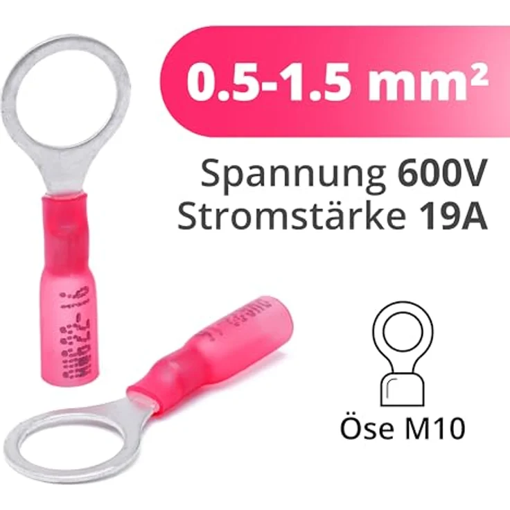 Wirefy Rote Ringkabelschuhe Schrumpfverbinder M10, Lötfreie Quetschverbinder für Kabelquerschnitte 0,5-1,5 mm², 150 Stück – Bild 2