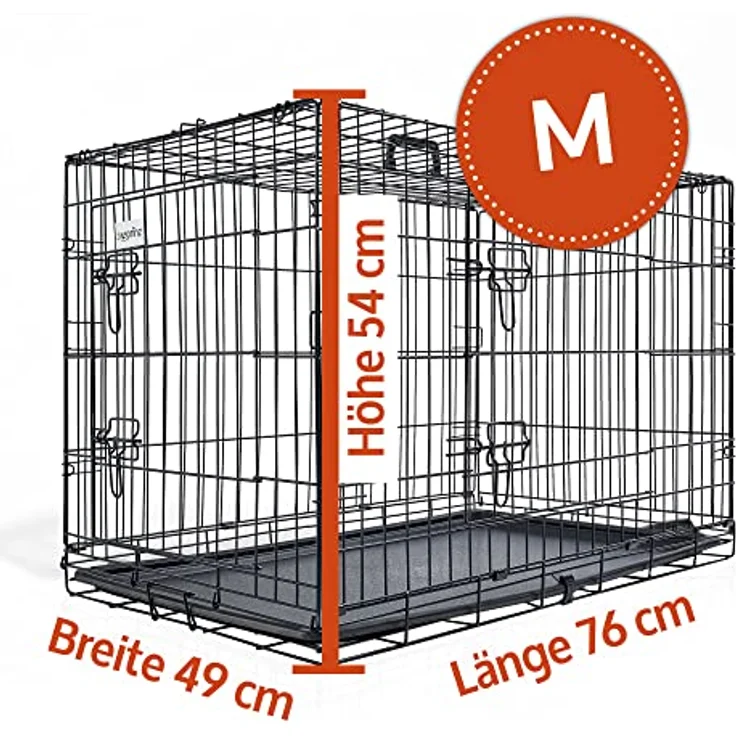 zooprinz Faltbare Hundebox aus stabilem Eisen, Hundekäfig mit 2 Türen und herausnehmbarer Bodenschale, transportabel mit Griff, in 4 Größen verfügbar (77,5 x 48,5 x 55,5 cm) – Bild 2