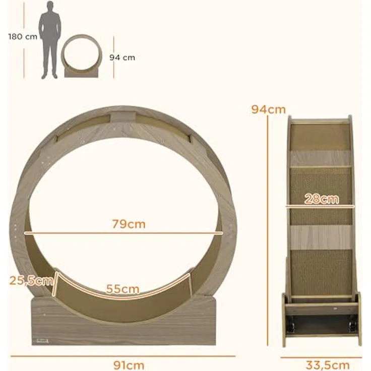 PawHut Katzenlaufrad 91 cm mit Bremse, Kratzbrett, Walnuss - Für gesunde Bewegung und Entspannung – Bild 5