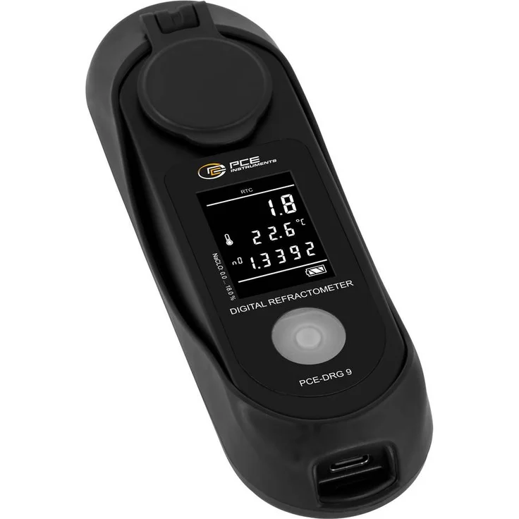 PCE Instruments PCE-DRG 9, digitales Refraktometer zur Bestimmung von Natriumhypochlorit, Messbereich 0-18 %, Edelstahlring, LCD-Display, im Kunststoff-Etui mit Pipette und Ladekabel