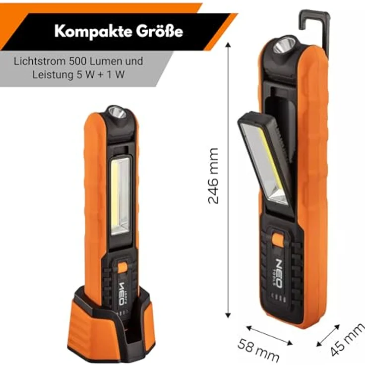NEO TOOLS Akku-Werkstattlampe 500 lm COB LED, 2 in 1 Lampe mit Sockel und Ladegerät, Arbeitsleuchte mit Magnet und Haken, 3,7 V Li-Ion-Akku 2600 mAh – Bild 2