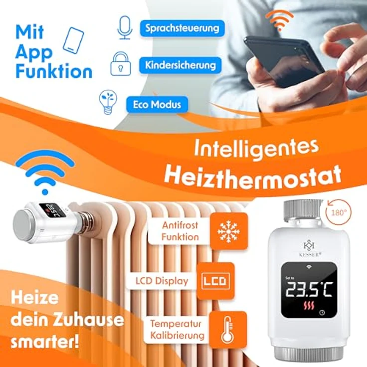 KESSER® Heizkörperthermostat 2er Set, WiFi Heizungsregler mit Smart Home App Steuerung, Sprachsteuerung über Alexa und Google Assistant, inklusive 6 Heizkörperventilen, schwarz oder weiß – Bild 2