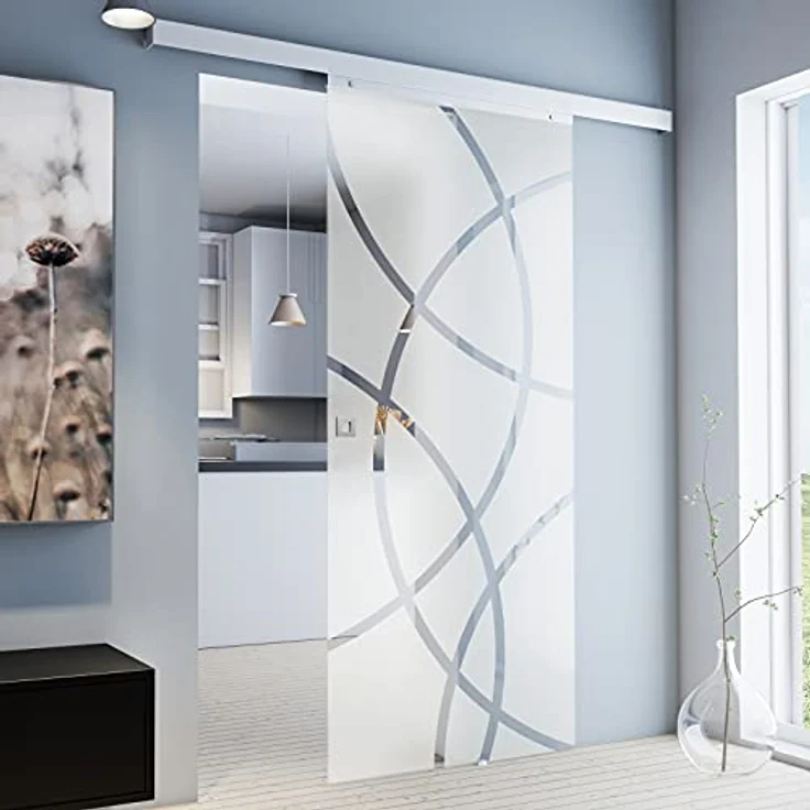 inova Glas-Schiebetür Komplettset 755 x 2035 mm Kreis Design 8 mm ESG Alu Lauf-schiene mit Quadratgriff + einseitiger Softclose, inova - Moderne Glastür aus 8 mm Echtglas, rahmenlos, mit hochwertigen Aluminium-Beschlägen - Preisvergleich – Bild 1