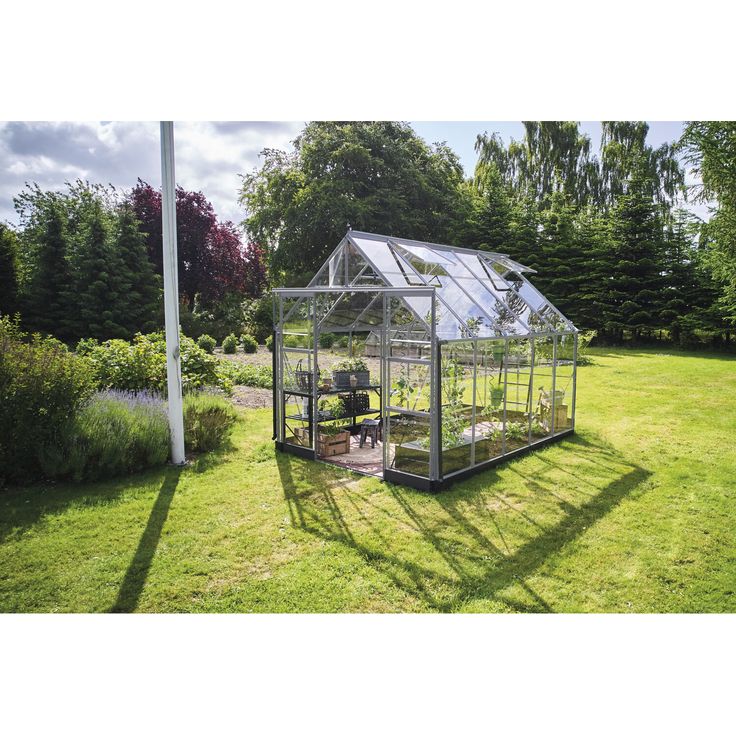 Halls Gewächshaus 'ICON 8', 8,1 m² mit 3 mm Blankglas, aluminiumfarben, Doppelschiebetüren und vier Dachfenstern