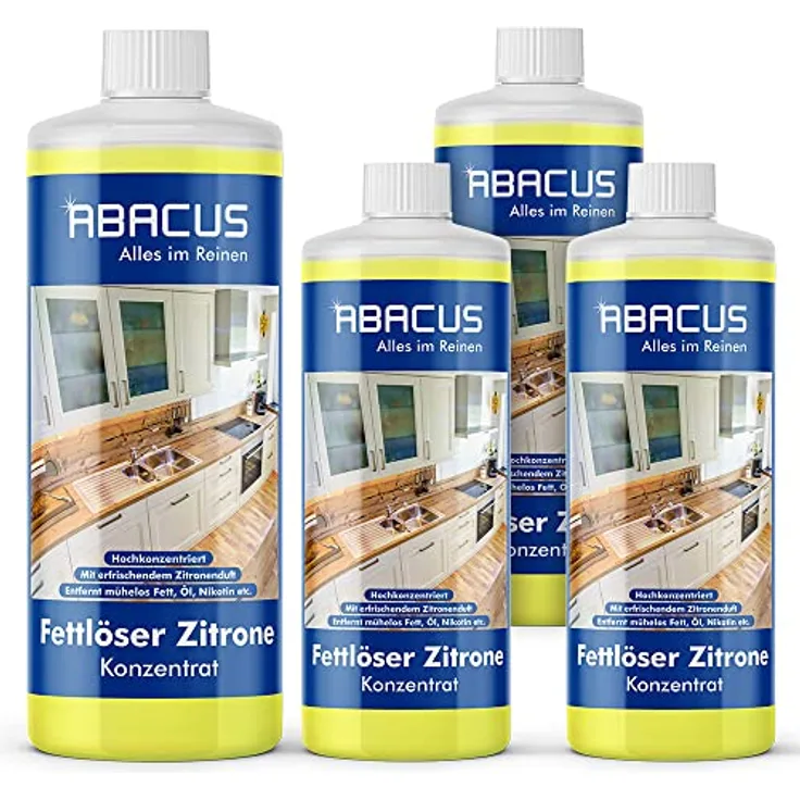 Fettlöser Zitrone Konzentrat, Zitronen Allzweckreiniger Konzentrat, Küchenreiniger, Kraftreiniger, Universalreiniger, Nikotinentferner – ABACUS Fettlöser Zitrone Konzentrat 4x 1000 ml (7699.4)