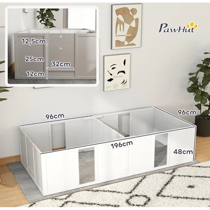 PawHut Wurfkiste für Welpen, Welpenauslauf mit rutschfeste Bodenschoner, Verstellbare Tür, Welpenlaufstall aus Holz, 196 x 96 x 48 cm, Weiß – Bild 5
