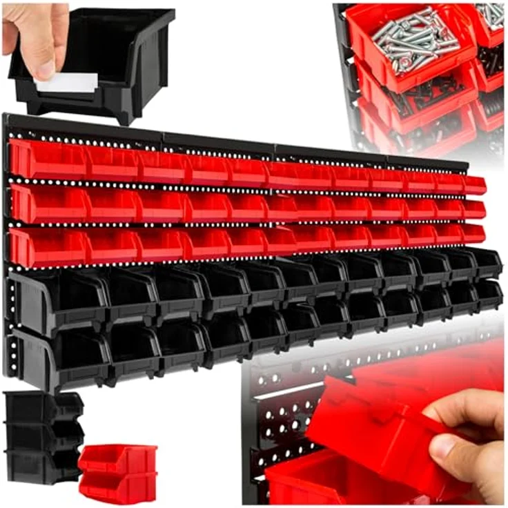 tectake® Werkstatt Wandregal, 62-teilig, inkl. Stapelboxen und Kleinteilemagazin, flexibles Ordnungssystem für Werkstatt und Garage – Bild 1