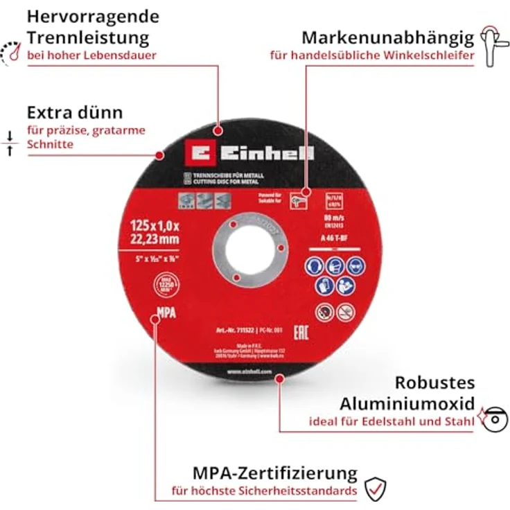 Einhell 5-tlg. Dünntrennscheiben-Set für Metall, Ø 125 mm, MPA-zertifiziert, 1 mm Stärke, hohe Lebensdauer, präzise Schnitte für Winkelschleifer – Bild 3