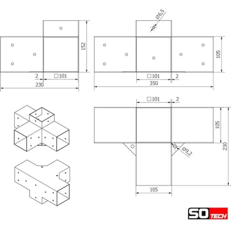 SO-TECH® Pfostenbeschlag Holzverbinder Bodenanker vierkant, Stahl schwarz mit starkem Korrosionsschutz, Anbau SET 6-tlg. 100 x 100 mm – Bild 9