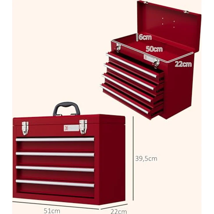 Durhand Werkzeugbox mit 4 Schubladen, oberes Staufach, Handgriff aus Stahl, Rot – Bild 8