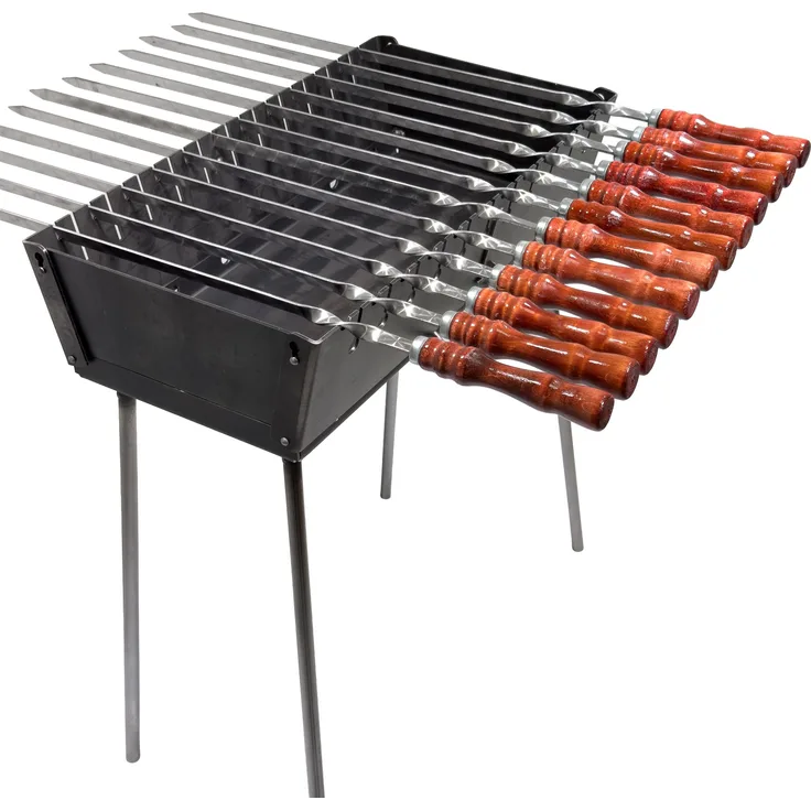 GOROCH Mangal Grill Set, 3 mm Stahl für 12 Spieße mit 8 Holzgriff-Schaschlikspießen, klappbar und transportabel
