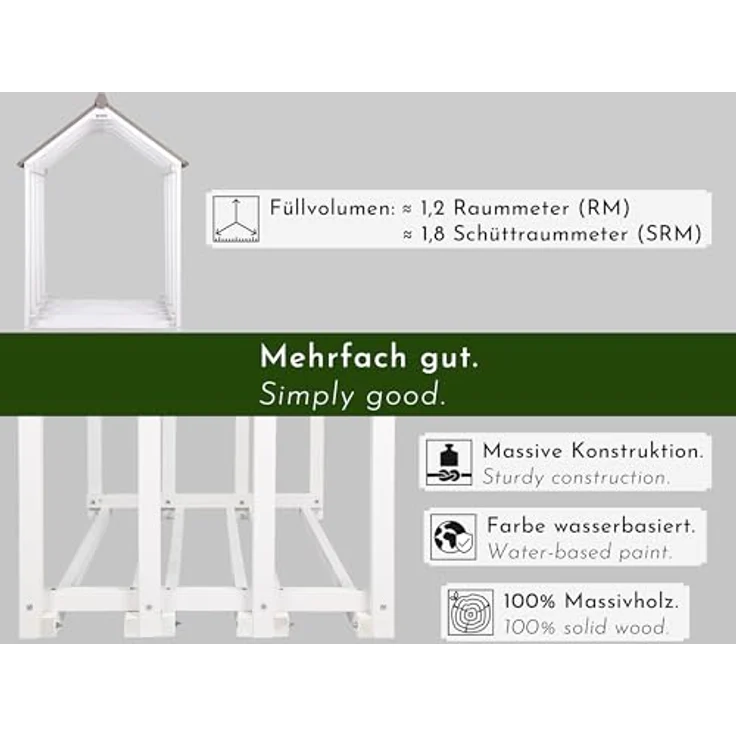 WONDERMAKE® Kaminholzregal mit Dach, 1,8 SRM, wetterfestes Fichte-Holz in Weiß-Grau, modernes Design für Outdoor, 110 x 75 x 150 cm – Bild 3