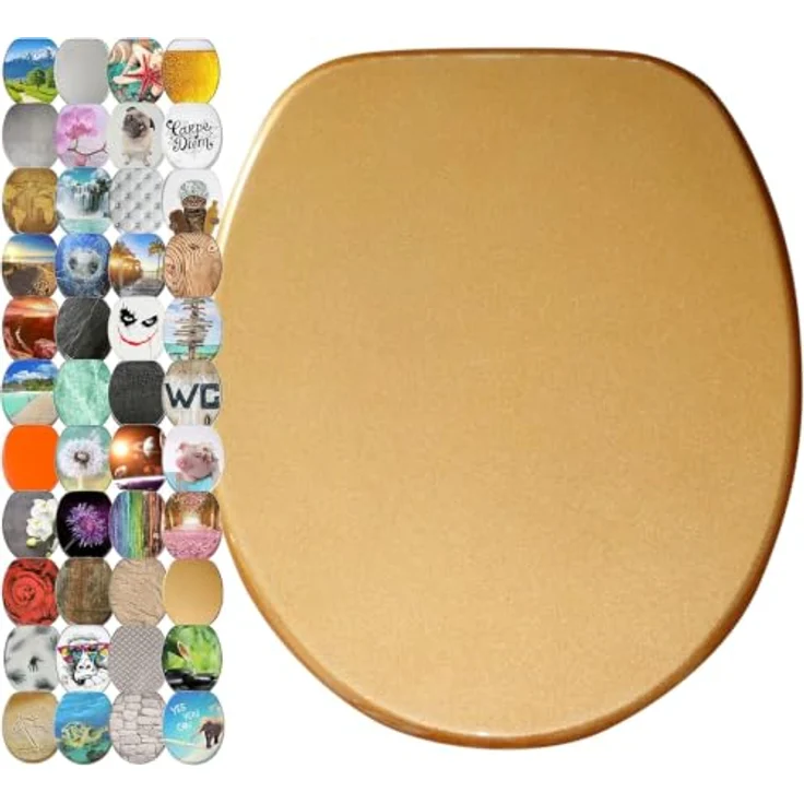 Sanilo WC Sitz Glitzer Gold, Toilettendeckel aus Holz mit Absenkautomatik und antibakterieller Oberfläche, passend für alle WC-Becken – Bild 1