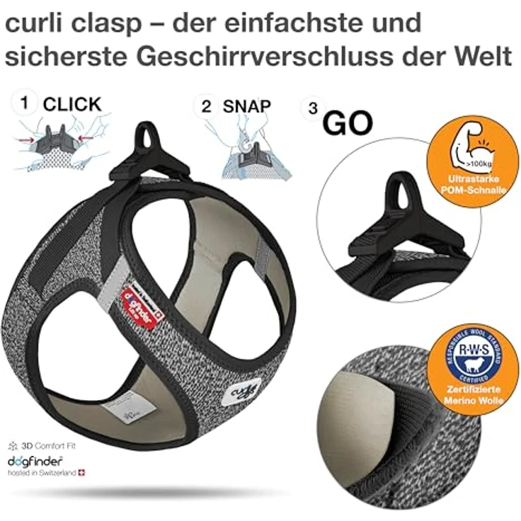Curli Vest Harness Merino Clasp Black 3XS, Hundegeschirr mit nachhaltiger Merinowolle und kurli clasp-Schnalle – Bild 3