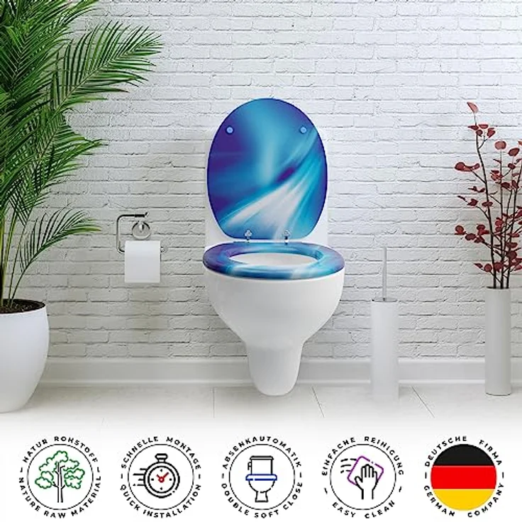 Sanfino WC Sitz Wave, Toilettendeckel aus Holz mit Absenkautomatik, blau mit Motiv, verchromte Metallscharniere, einfache Montage – Bild 4