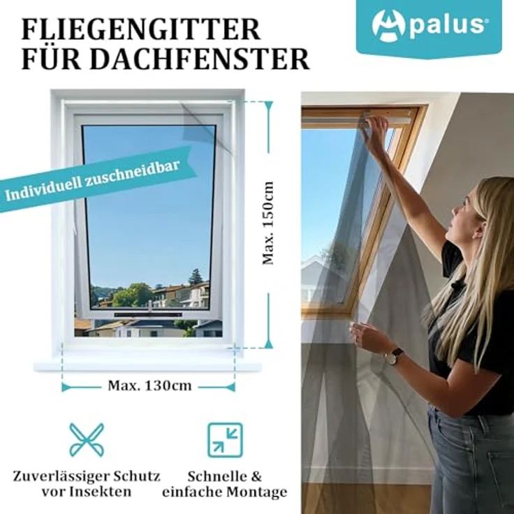 Apalus Dachfenster Fliegengitter – Zuschneidbares Insektenschutznetz mit Reißverschluss für Klappfenster, ohne Bohren, bis 130×150 cm, Schwarz – Bild 5