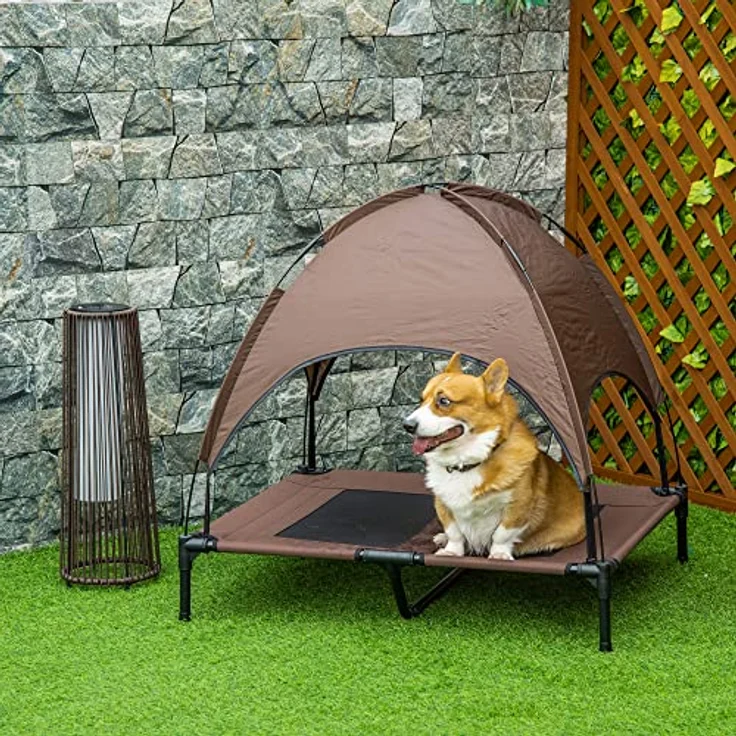 PawHut Haustierbett mit Baldachin, Erhöhtes Hundebett, Hundeliege Outdoor mit Dach, Atmungsaktiv, Taftstoff Kaffee 92 x 76 x 90 cm – Bild 2