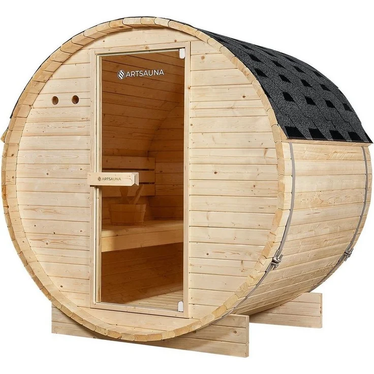 Artsauna Fasssauna Spitzbergen 120, für 2 Personen, Fichtenholz, 3,6 kW Elektro-Ofen, Komplett-Set, Naturfarben – Bild 1