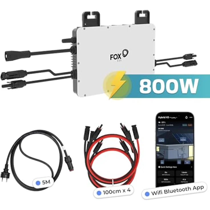 SUNNIVA Fox ESS Mikro-Wechselrichter M1-800-E, 800 W für Balkonkraftwerk, IP67 wetterfest, Plug-&-Play, 2 MPPT, Bluetooth & WiFi, inkl. 5 m Anschlusskabel & 4x 1 m Solar-Verlängerungen – Bild 2