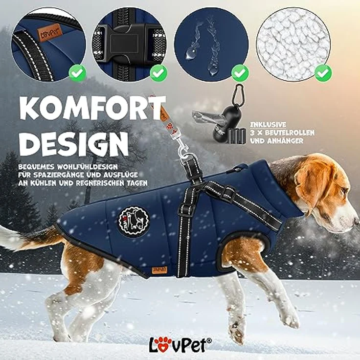 Lovpet® Hundejacke Hundemantel mit Geschirr, 45 Kotbeutel + Spender, Winterweste gefüttert wasserdicht, reflektierende Gurte, D-Ring 4XL, Navyblau – Bild 3