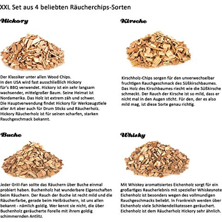Axtschlag Räucherchips XXL 4er Set BBQ Favorites Wood Chips Buche, Hickory, Kirsche, Whiskey zum Grillen, Smoken, Räuchern für alle Grills 4 x 1000 g – Bild 5