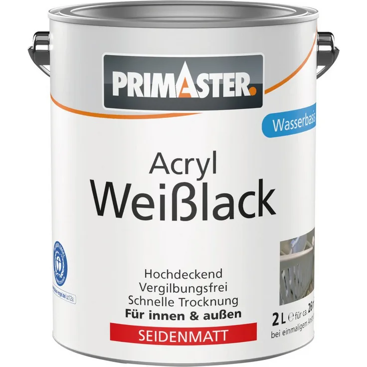 Primaster Acryl Weißlack seidenmatt, 2 L für innen & außen, hohe Ergiebigkeit von ca. 26 m²