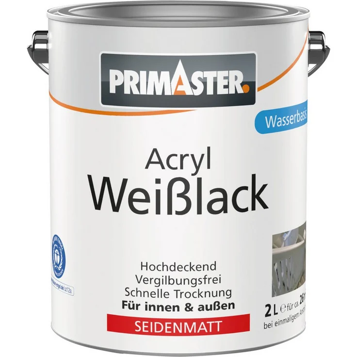 Primaster Acryl Weißlack seidenmatt, 2 L für innen & außen, hohe Ergiebigkeit von ca. 26 m²