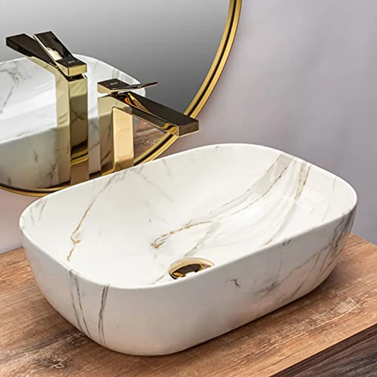 wohnwerk.idee Aufsatzwaschbecken Marmor Optik 46x32cm Belinda - Keramik-Waschbecken in Marmoroptik, pflegeleicht und resistent gegen Fleckenbildung – Bild 2